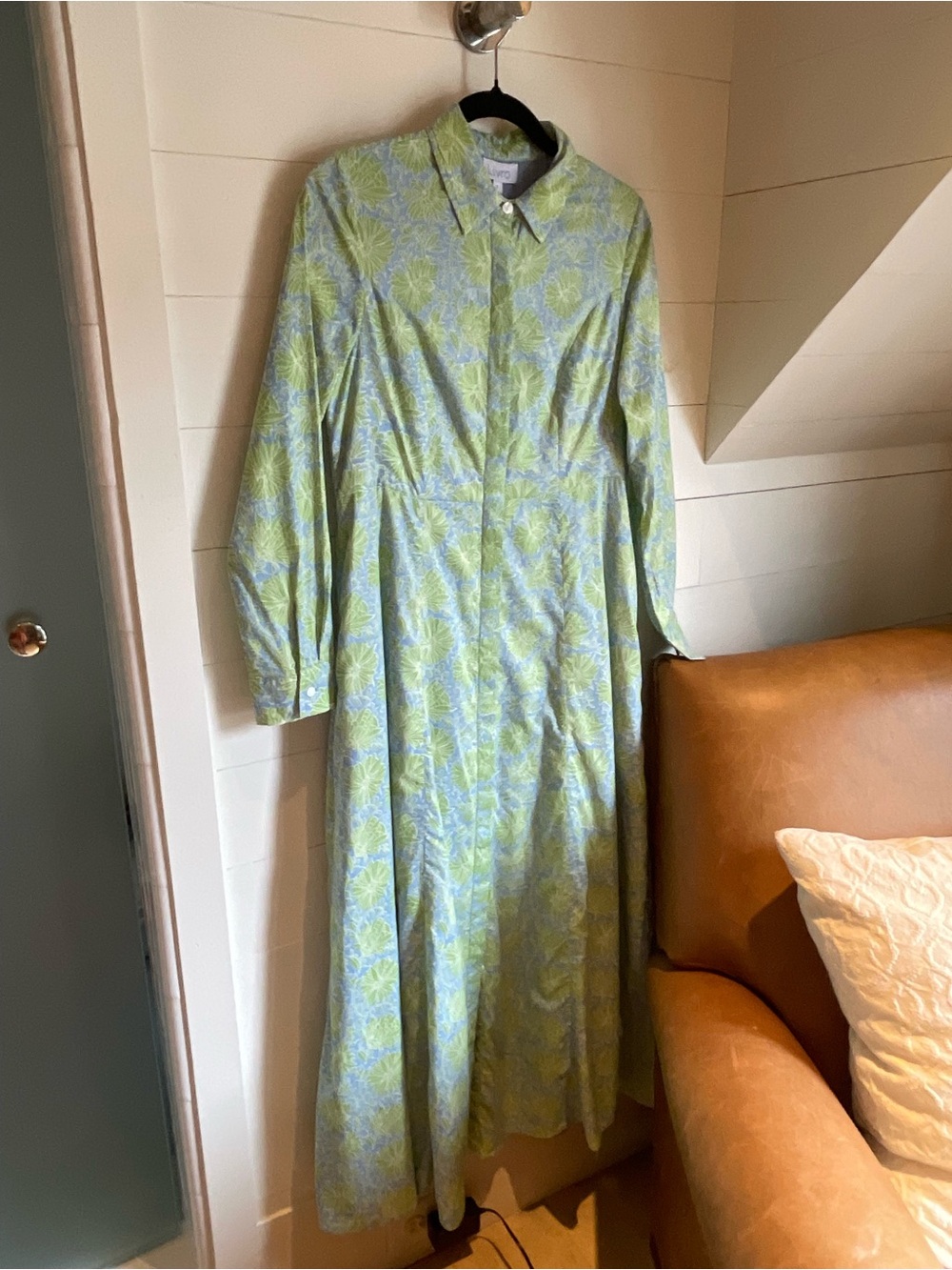 Long Sleeve Floral Shirt Dress in Light Green and Pale Blue